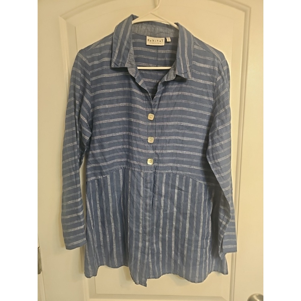 Habitat XS Blue Stripe 100% Linen Button Up Tunic  Casual Shirt